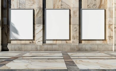 three blank poster frames next to a marble wall, in the style of outdoor art.