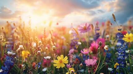 Golden Hour Bloom: A meadow bursts with colorful wildflowers bathed in the warm glow of sunset, capturing the beauty and serenity of nature.  © CLOVER BACKGROUND