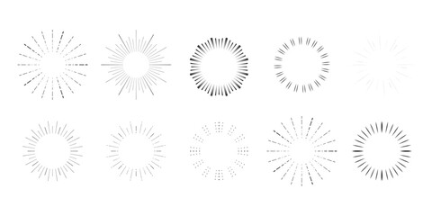 Set Fireworks, rays, sunburst frames circle border decoration, sparkle in doodle style, line sketch explosion isolated on white background.