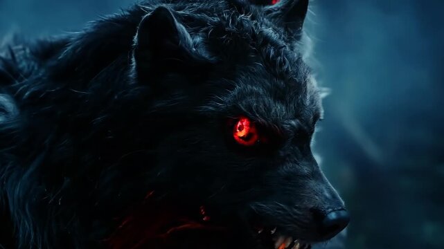 Werewolf with glowing eyes roaring in misty night background. Halloween celebration. Dark and eerie fantasy scene. Horror and supernatural creature concept. Banner, poster, advertisement. Shaky camera