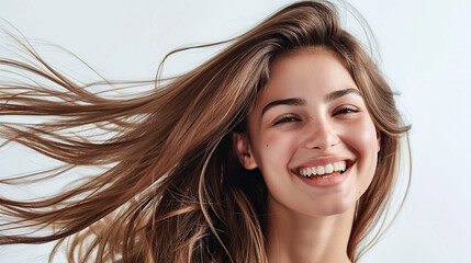 Fototapeta premium A beautiful woman with long hair smiling against a white background