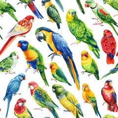 Obraz premium Seamless Pattern watercolor illustrations tropical palm leaves parrots birds isolated flora background, Tropic Patterns