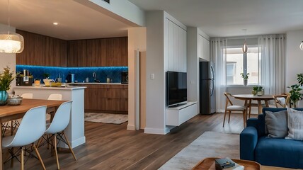 Fototapeta premium Interior design of a modern luxury house full of furniture, living room view of an smart house