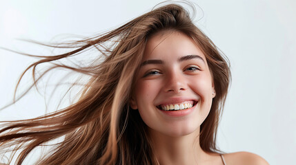 Fototapeta premium A beautiful woman with long hair smiling against a white background
