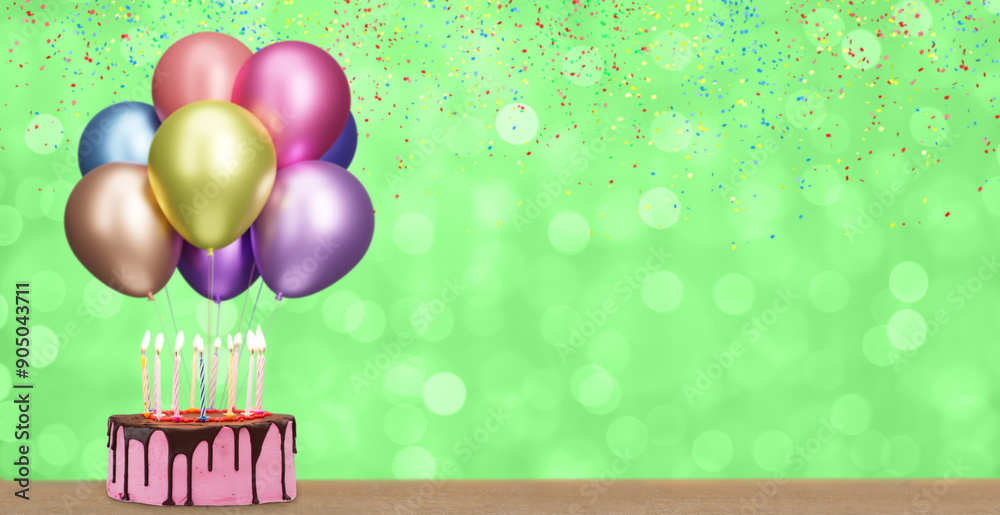 Aufkleber birthday cake with bunch of colorful balloons on blurred summer green background. empty space for te