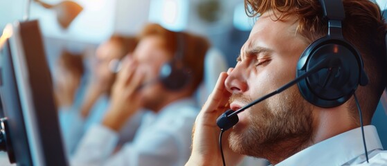 An overwhelmed customer service team handling a flood of complaints, in a busy call center, with copy space, high-resolution photo, hyper realistic