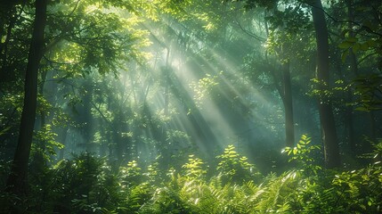 Obraz premium Sunbeams through the Enchanted Forest: A mystical and ethereal scene of sunlight piercing through the dense canopy of a lush, vibrant forest, casting beams of light that illuminate the mossy undergrow