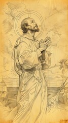 St. Isaac Jogues in Martyrdom in 17th-Century North America, Biblical Illustration, Beige Background, Copyspace , Biblical Illustration