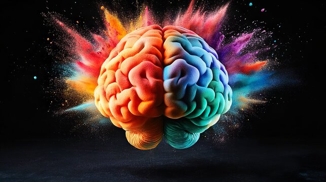 Brain in Vibrant Colors Exploding with Colorful Powder Paint