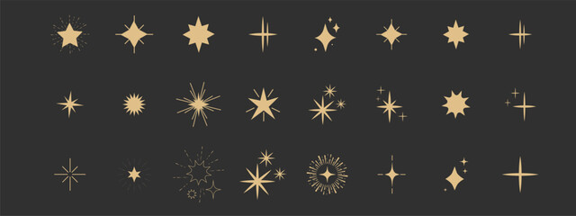 Set gold shine sparkle icon glare,light,blink star minimal shape, burst and rays golden decoration. Twinkle magic comic shine isolated on dark background.