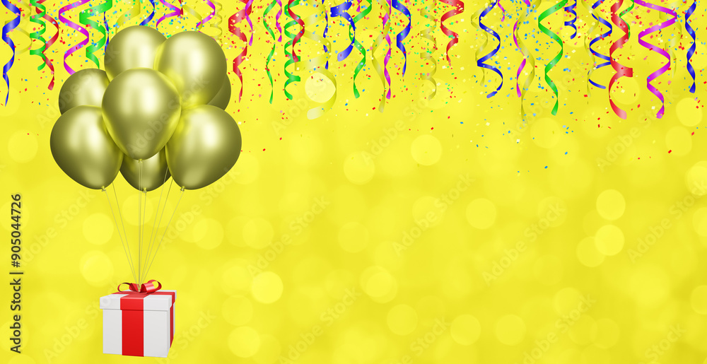 Poster flying gift box with golden or yellow balloons on blurred yellow background with curly ribbon. Empty space for text. 3d rendering