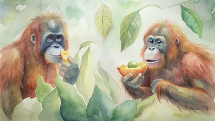 Watercolor painting of two orangutans enjoying fruit in a lush jungle. Celebrate International Orangutan Day with this vibrant art, perfect for raising awareness and supporting conservation efforts