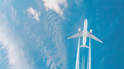 Obraz premium Airplane Flying High Above With Contrails in Clear Blue Sky