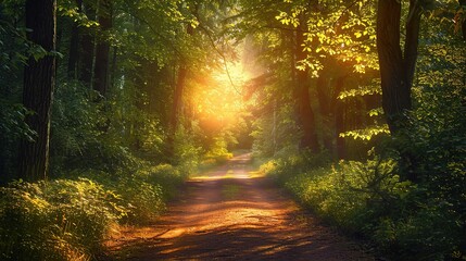 Naklejka premium Golden Forest Path: A sun-drenched path through a dense, vibrant forest, bathed in a warm, golden light. The path leads the eye towards the light, creating a sense of mystery and wonder. 