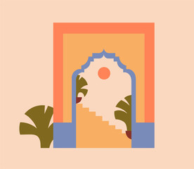 Moroccan architecture card. Marrakech arch, stairs, plants and sun. Contemporary modern minimalistic Marrakesh structures. Ancient Medina aesthetic, trendy style. Berber flat vector illustration