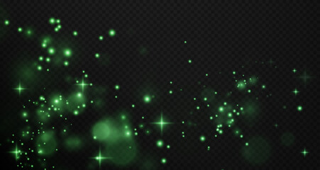 Christmas background. Powder PNG. Magic shining green dust. Fine, shiny dust green bokeh particles fall off slightly. Fantastic shimmer effect.	
