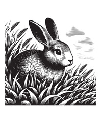Rabbit  in grass vector style, black and white color