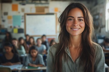 Female teacher in the classroom, smiling warmly at her students. Multicultural education, Students of diverse backgrounds, Small schools in rural areas
