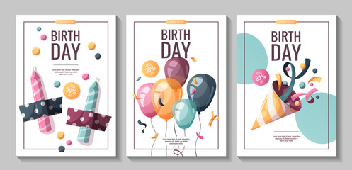 Birthday flyers with balloons, party hat, candles. Birthday party, celebration, congratulations, invitation concept. Vector illustration. Flyer, banner, promo, advertising.