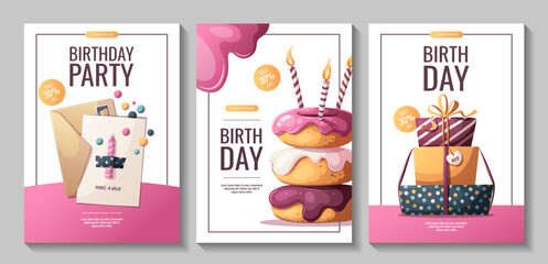 Birthday flyers with donuts, birthday gifts, and card. Birthday party, celebration, congratulations, invitation concept. Vector illustration for promo, advertising, sale.