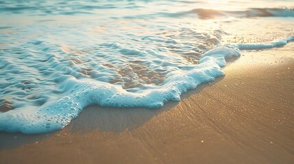 Golden Hour Waves: Tranquil and serene, a wave gently laps at the shoreline, kissed by the warm glow of sunset. The soft, foamy water evokes a sense of peace and tranquility.