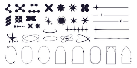  Set of y2k minimal geometric shapes thin line rings, abstract aesthetic element illustrated for banners, social media, poster design, sticker. Trendy design with frame, sparkles, star, lines