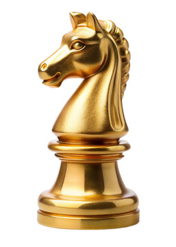 Golden Knight Chess Piece depicting a horse's head with detailed features, perfect for luxurious chess sets. Isolated on transparent background, png.