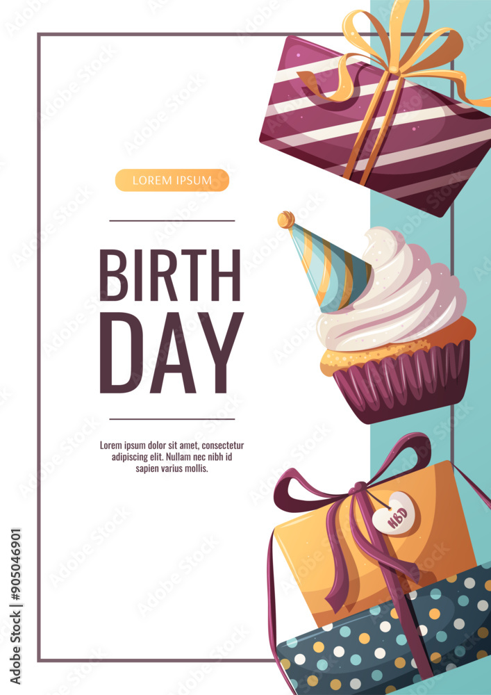 Wall mural birthday flyer with gifts, birthday cupcake. birthday party, celebration, congratulations, invitatio