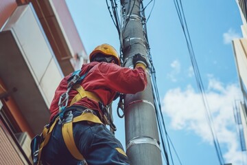 Electrician climbing pole for urban maintenance