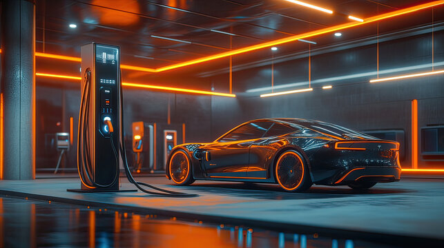 3d rendering electric car battery plug in with ev charging station