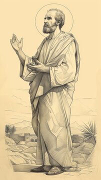 St. Barnabas Preaching in Ancient Cyprus, Biblical Illustration, Beige Background, Copyspace , Biblical Illustration