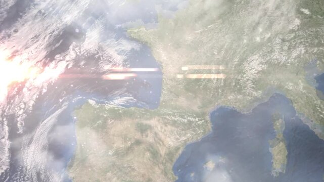 Earth zoom in from space and focus on La Teste de Buch, France. Background for travel intro or blog. Satellite view. 3D style Animation. Images from NASA.