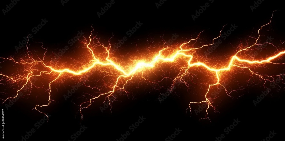 Poster A massive lightning bolt with branches is isolated on a black background. Electric bolt with branches.