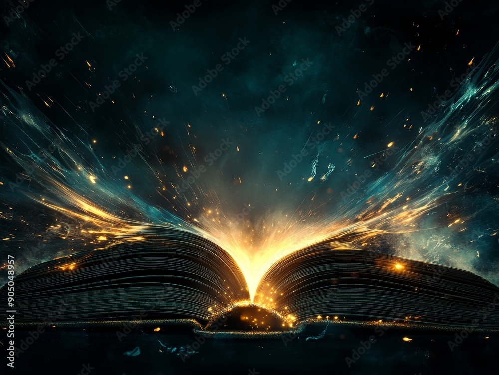 Poster Book on black background with golden rays and sparks around it. The magic of reading. Close-up.