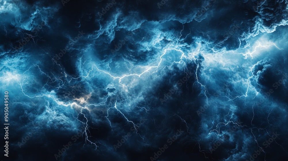 Poster isolated black storm clouds with lightning and smoke.