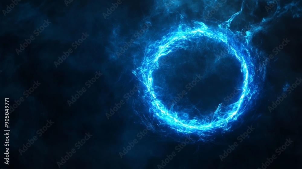 Poster a neon halo effect light illuminated by a blue flare. a portal spinning in three dimensions with mag