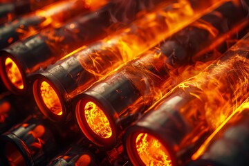 Several metal pipes with flames emitting from their openings, likely due to intense heat or combustion, Gun barrels glowing hot from repeated firing