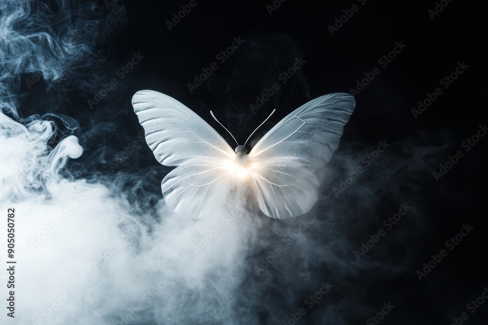 Poster Adding feathers to a butterfly on a dark background. Magical creature concept with a copy space.