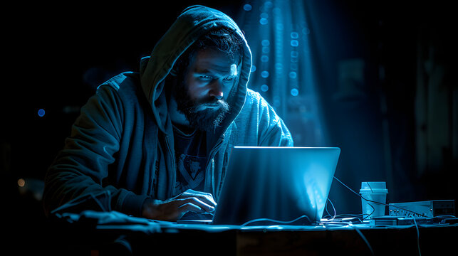 Hacker trabajando en su ordenador en la oscuridad