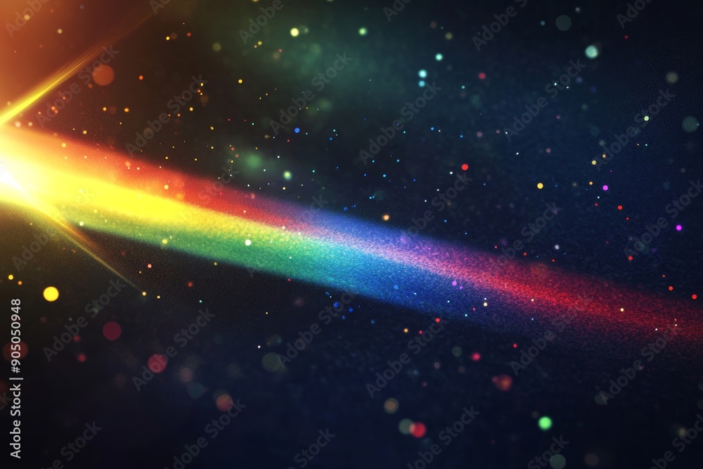 Poster With light over a black background. Easy to add and remove from photos. Abstract sunburst with a lightning flare background. A rainbow halo shines around the rounded and hexagonal shapes.