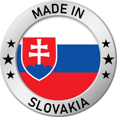Fototapeta premium Chrome ring with the inscription: Made in Slovakia, in the center - a circle and the flag of Slovakia. For industrial enterprises, products, production. Vector illustration.