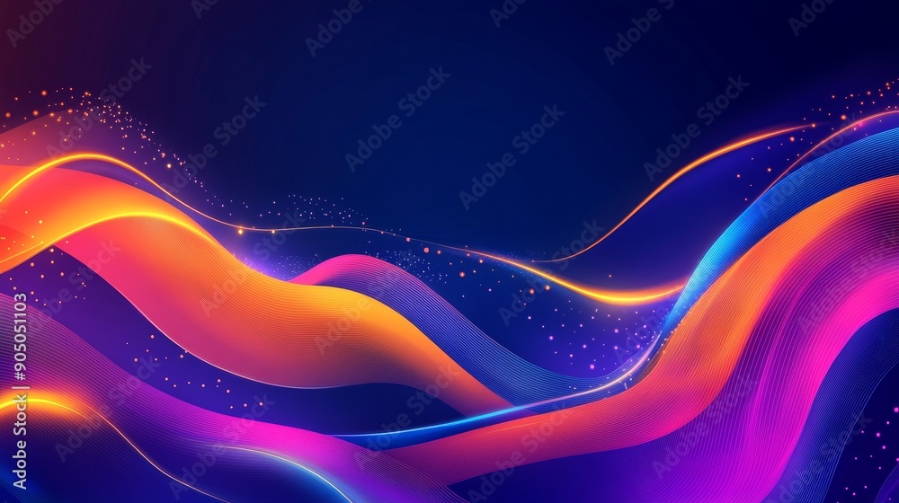 Poster Red purple wave line light gradient dark background. Digital technology big data abstract background. 3D rendering.
