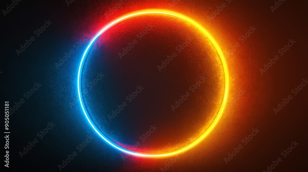 Poster this is an isolated frame with a blue and orange neon glowing glare circle with rays. it has a black