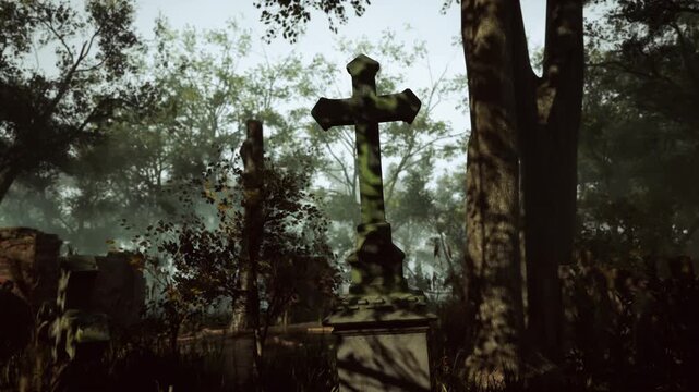 A cross standing in the center of a cemetery surrounded by gravestones and greenery.