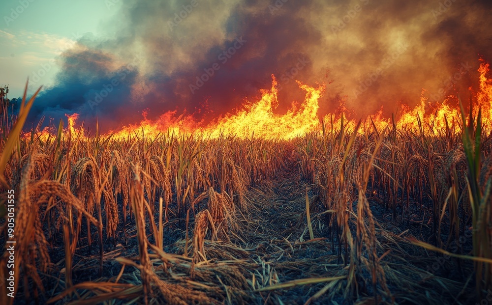 Poster Fields of grass with a smoke pattern background