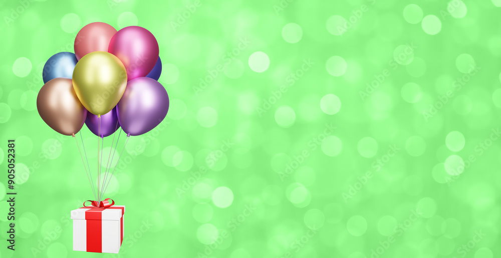 Poster Flying gift box with multicolored shiny balloons on blurred green background. 3d rendering. Empty space for text
