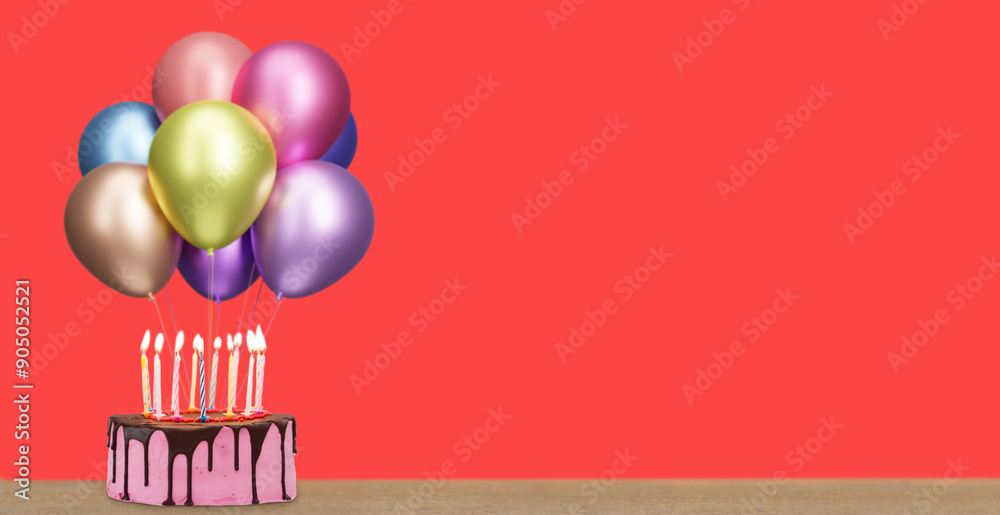 Aufkleber Birthday cake with bunch of shiny colorful balloons on pink background. Empty space for text. 3d rendering
