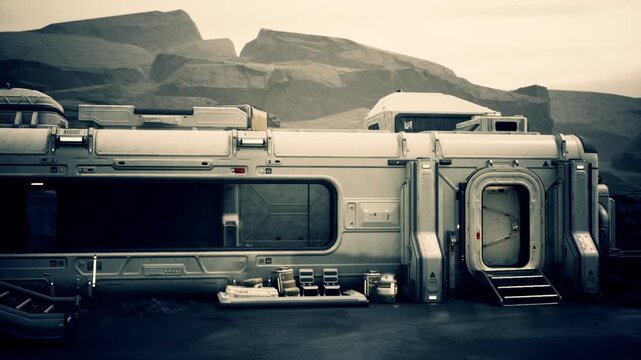 A scene showing a futuristic space station, possibly for interstellar travel or transportation purposes.