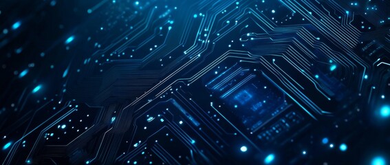 Blue background with digital technology and circuit board illustration.