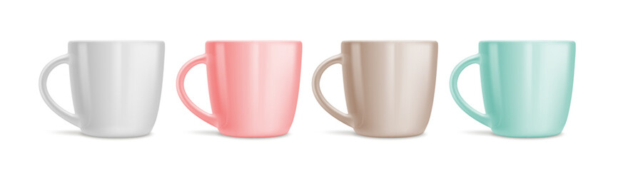 Set of ceramic cups for drinks and coffee for breakfast. Mockup, template for advertising. White, pink, brown and green colors. Isolated on white background vector
